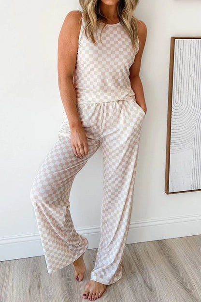 Hazel Blues® |  Ribbed Texture Checkered Print Tank and Pants Set