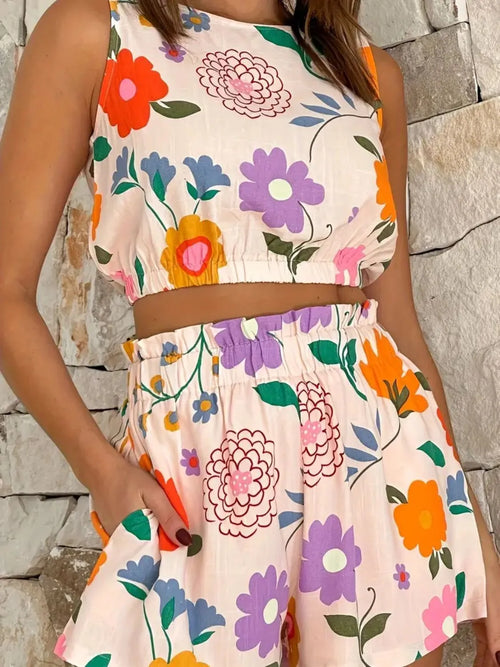 Hazel Blues® |  Floral Round Neck Tank and Shorts Set