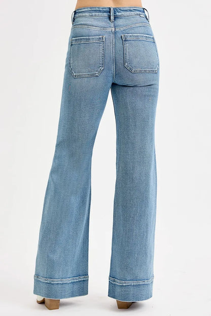 Hazel Blues® | RISEN High Rise Wide Flare Patch Pocket Jeans