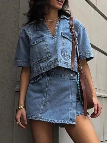 Hazel Blues® |  Johnny Collar Short Sleeve Top and Skort Denim Set