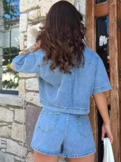 Hazel Blues® |  Johnny Collar Short Sleeve Top and Skort Denim Set
