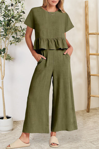 Hazel Blues® |  Peplum Round Neck Short Sleeve Top and Pants Set