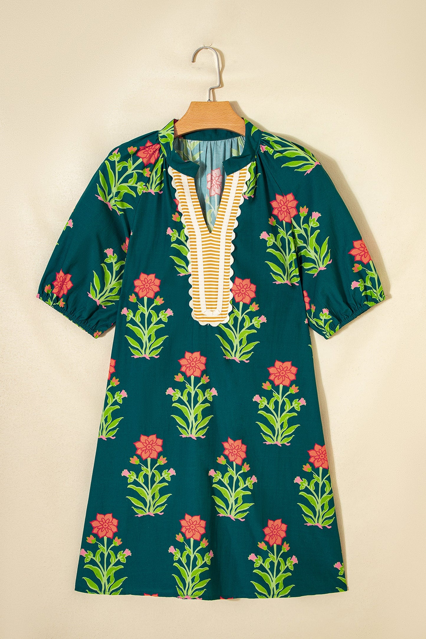 Hazel Blues® |  Green Floral Print Contrast Trim Striped Patchwork Short Sleeve Dress