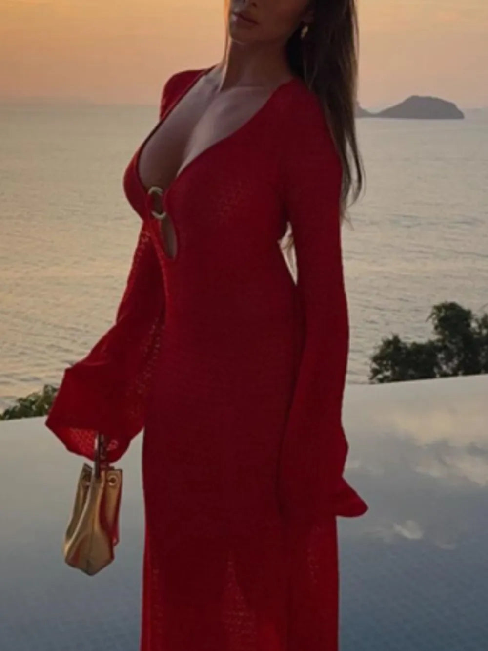 Hazel Blues® |  Slit Plunge Flare Sleeve Cover-Up Dress