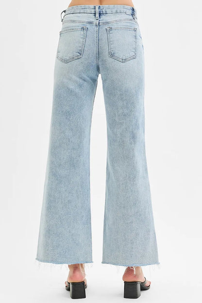Hazel Blues® | RISEN Tummy Control Low Rise Wide Leg Raw Cut Hem Jeans