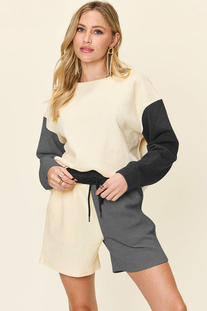 Hazel Blues® |  Double Take Contrast Drop Shoulder Top and Shorts Set