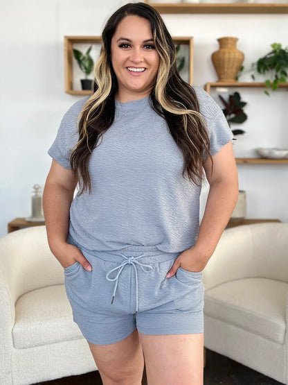 Hazel Blues® |  Double Take Texture Short Sleeve T-Shirt and Drawstring Shorts Set