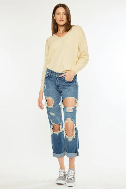 Hazel Blues® |  Kancan Distressed Mid Rise True Boyfriend Jeans