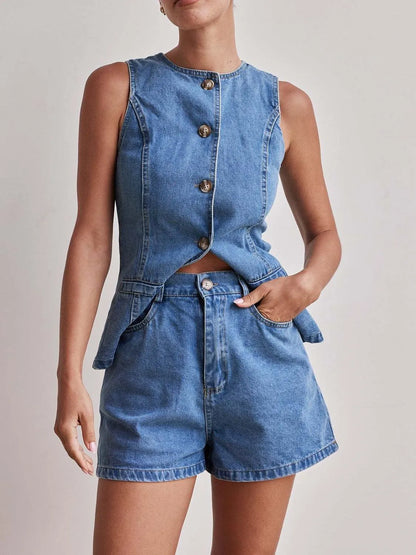 Hazel Blues® |  Button Down Vest and Shorts Denim Set