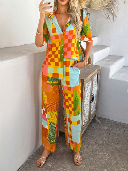 Hazel Blues® |  Devine Printed Button Down Shirt and Pants Set