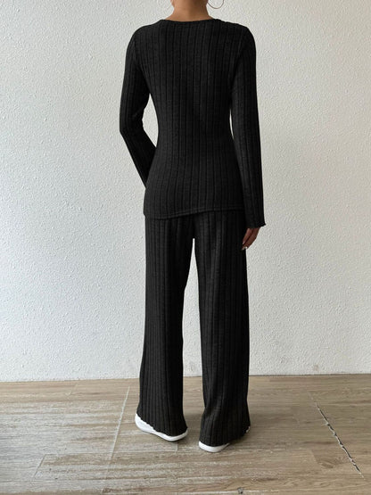 Hazel Blues® |  Ribbed V-Neck Long Sleeve Top and Pocketed Pants Set