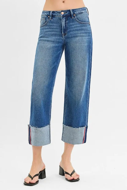Hazel Blues® | RISEN Tummy Control Mid Rise Crop Wide Cuffed Jeans