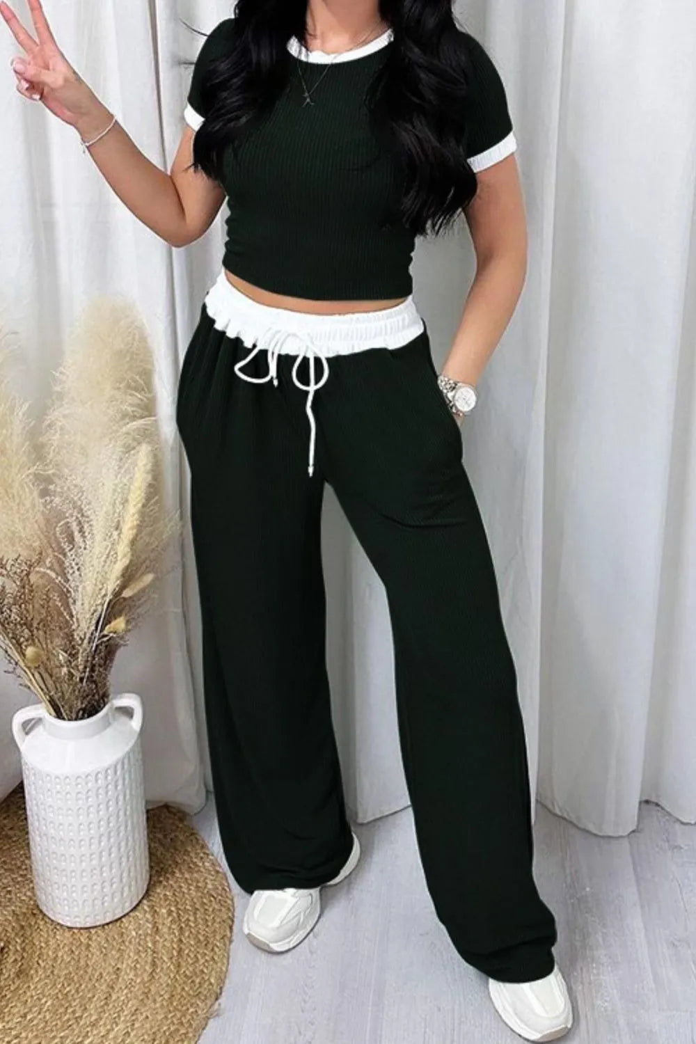 Hazel Blues® |  Contrast Trim Round Neck Top and Pants Set