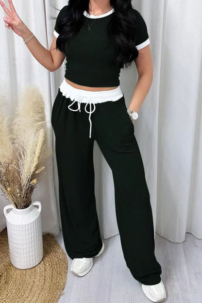 Hazel Blues® |  Contrast Trim Round Neck Top and Pants Set