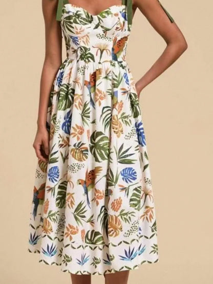 Hazel Blues® |  Tropical Print Tie-Shoulder Sweetheart Neck Midi Dress