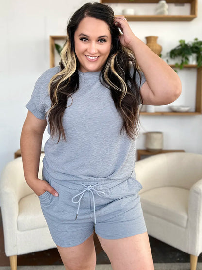 Hazel Blues® |  Double Take Texture Short Sleeve T-Shirt and Drawstring Shorts Set
