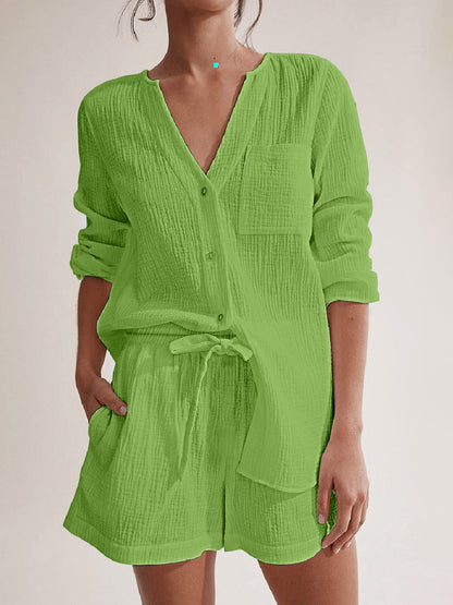 Hazel Blues® |  Notched Long Sleeve Top and Shorts Set