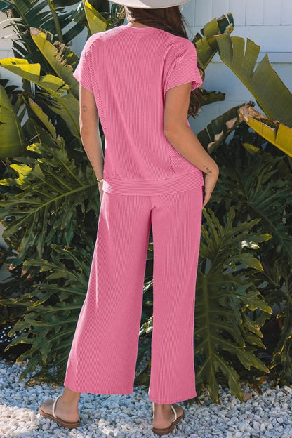 Hazel Blues® |  Corded Knit Short Sleeve T-Shirt and Wide Leg Pants Set