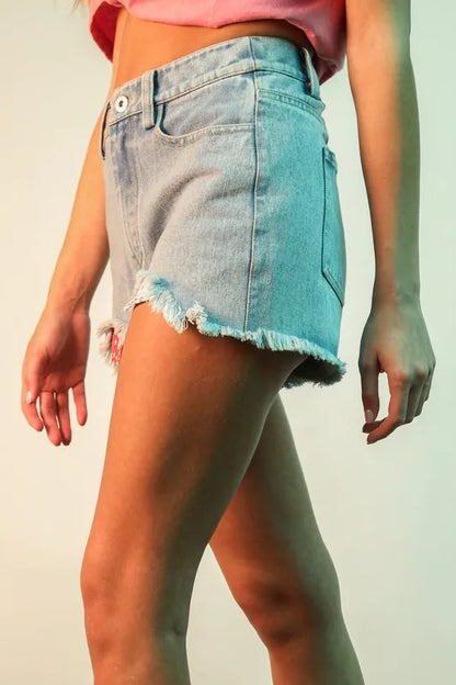 Hazel Blues® |  VERY J Raw Hem Pocketed Contrast Washed Denim Shorts