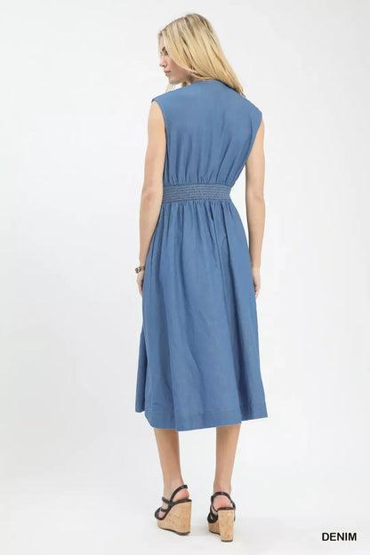 Hazel Blues® |  Umgee Denim Sleeveless Zip-Front Smocked Waist Midi Dress