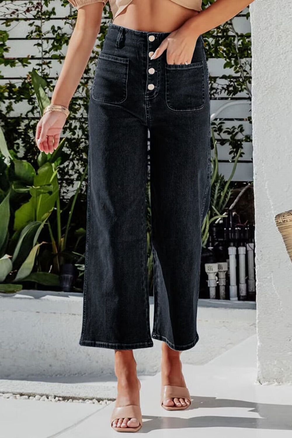 Hazel Blues® |  Button Fly Cropped Wide Leg Jeans