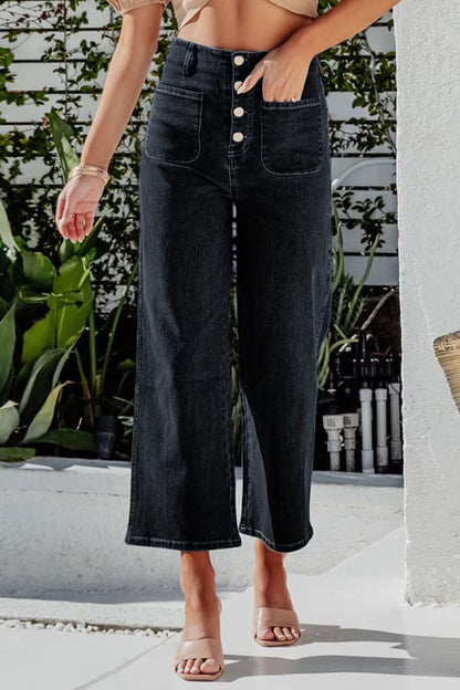 Hazel Blues® |  Button Fly Cropped Wide Leg Jeans