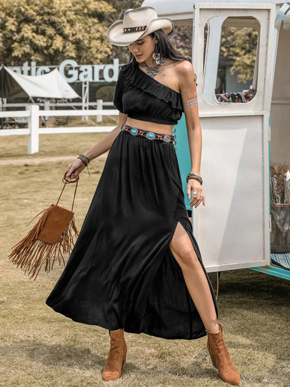 Hazel Blues® |  Ruffled Single Shoulder Top and Slit Skirt Set