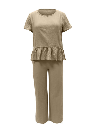 Hazel Blues® |  Peplum Round Neck Short Sleeve Top and Pants Set