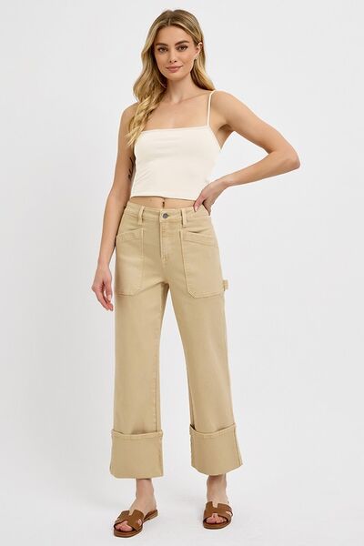 Hazel Blues® | RISEN High Rise Wide Straight Cuffed Patch Jeans