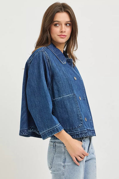 Hazel Blues® |  RISEN Double-Breasted Flowy Cropped Denim Jacket