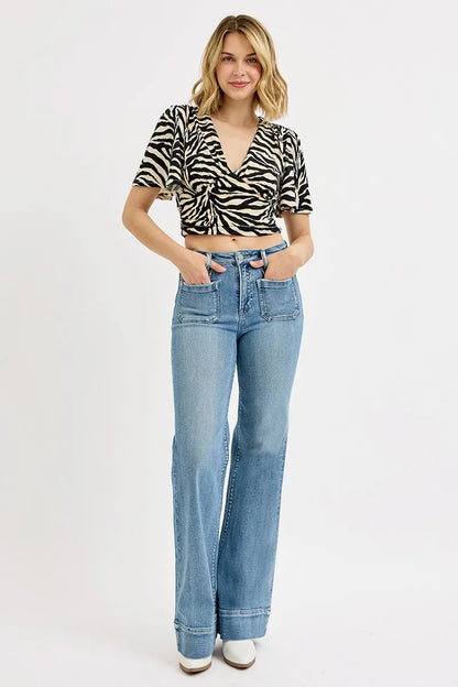 Hazel Blues® | RISEN High Rise Wide Flare Patch Pocket Jeans