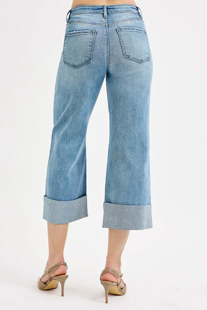 Hazel Blues® | RISEN Tummy Control High Rise Ankle Wide Cuffed Jeans