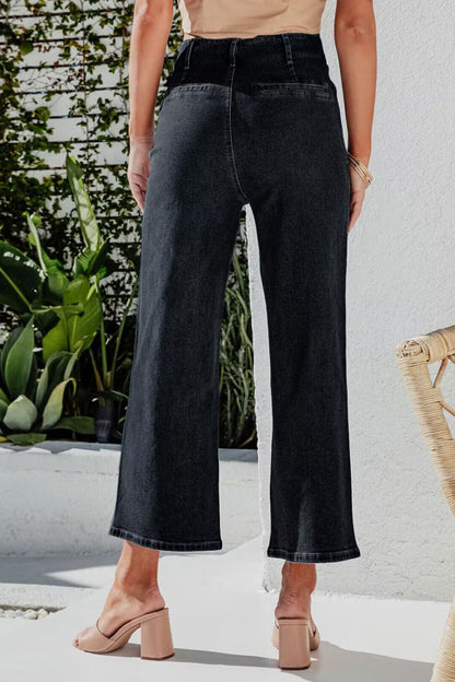 Hazel Blues® |  Button Fly Cropped Wide Leg Jeans