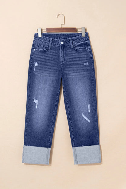 Hazel Blues® |  Folded Cuffs Distressed Straight High Waist Jeans