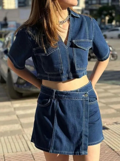 Hazel Blues® |  Johnny Collar Short Sleeve Top and Skort Denim Set