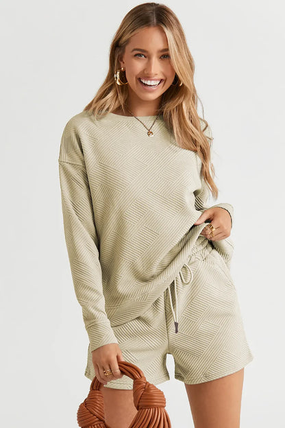Hazel Blues® |  Double Take Texture Long Sleeve Top and Drawstring Shorts Set