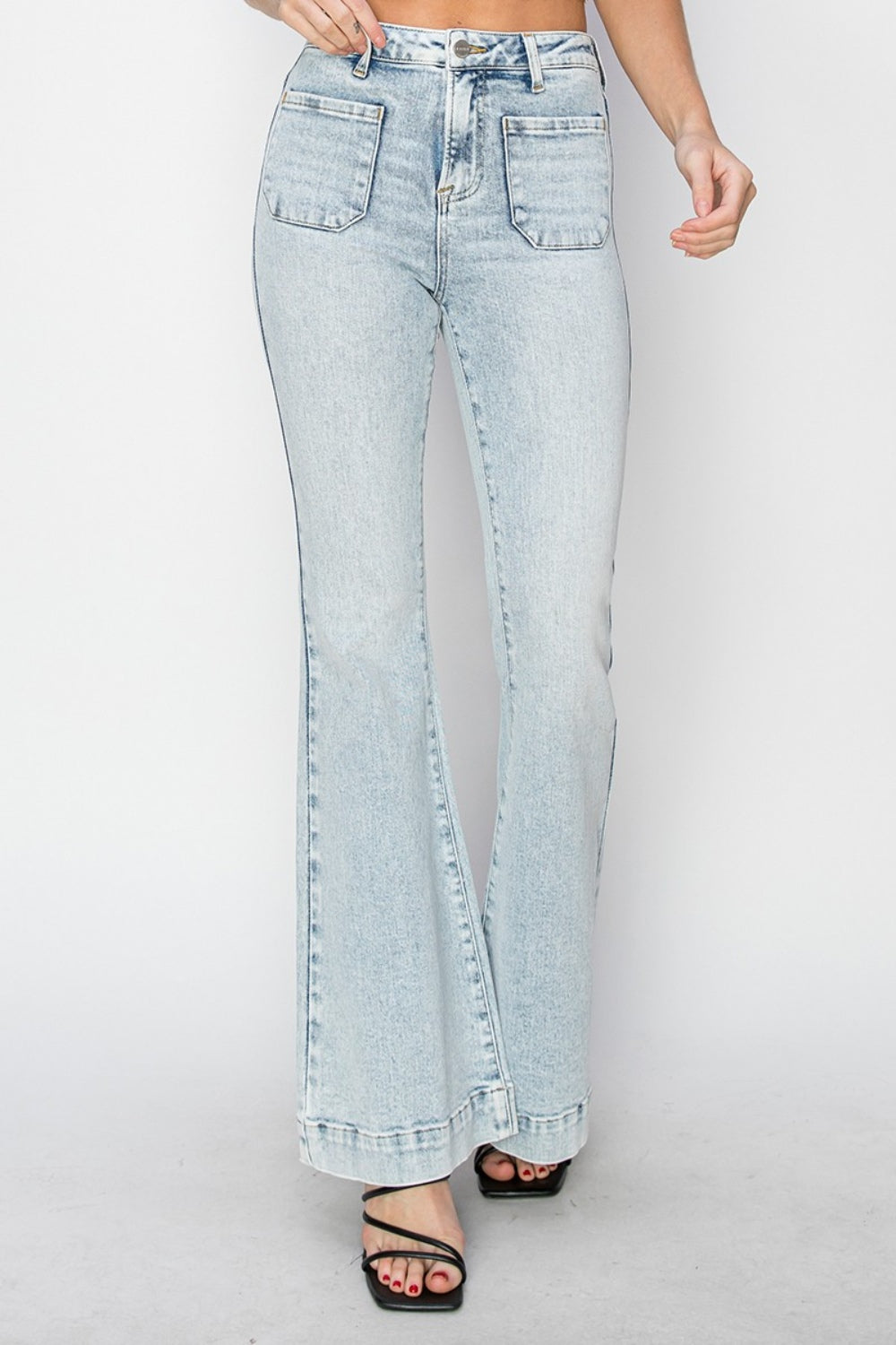 Hazel Blues® |  Risen High Rise Front Patch Pocket Flare Jeans