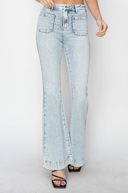 Hazel Blues® |  Risen High Rise Front Patch Pocket Flare Jeans