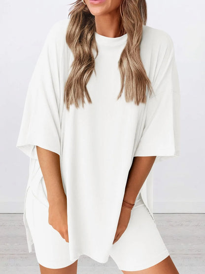 Hazel Blues® | Oversized Slit Round Neck Top and Shorts Lounge Set