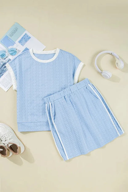 Hazel Blues® |  Contrast Trim Textured Crewneck Tee and Pocketed Skirt Set