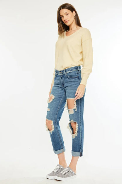 Hazel Blues® |  Kancan Distressed Mid Rise True Boyfriend Jeans