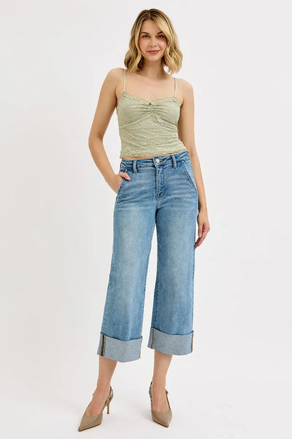 Hazel Blues® | RISEN Tummy Control High Rise Ankle Wide Cuffed Jeans