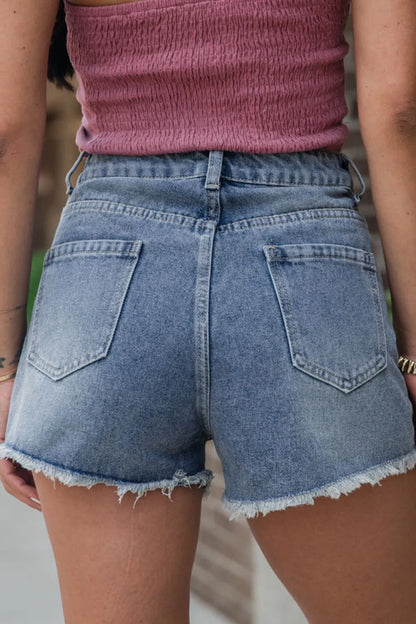 Hazel Blues® |  Pearl Beaded Raw Hem Wash Denim Shorts