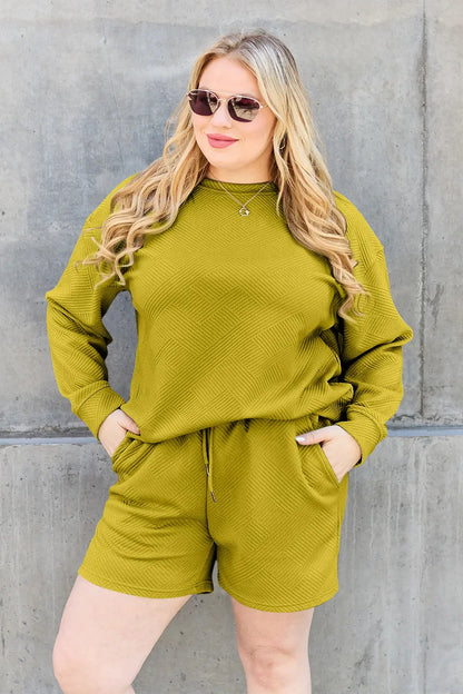Hazel Blues® |  Double Take Texture Long Sleeve Top and Drawstring Shorts Set