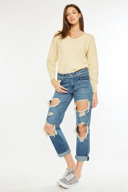 Hazel Blues® |  Kancan Distressed Mid Rise True Boyfriend Jeans
