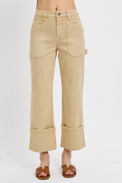 Hazel Blues® | RISEN High Rise Wide Straight Cuffed Patch Jeans