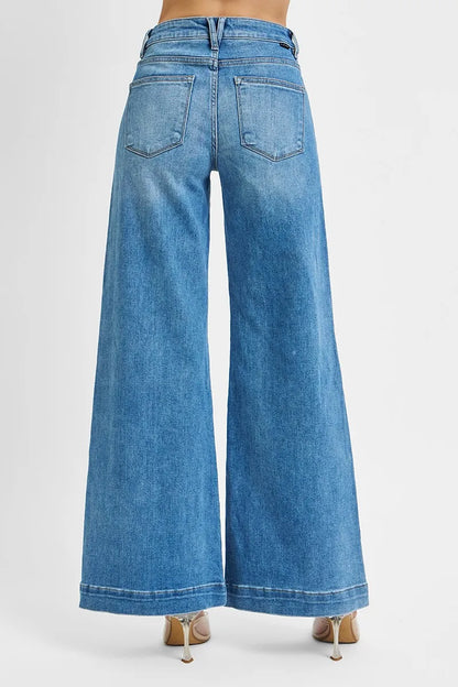 Hazel Blues® | RISEN Mid Rise Wide Front Patch Pocket Jeans