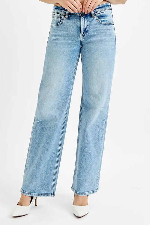 Hazel Blues® | RISEN Low Rise Ankle Boyfriend Distressed Jeans