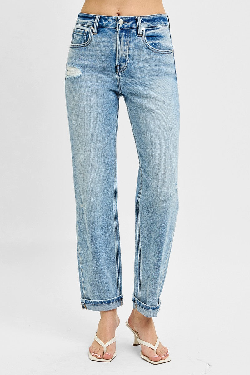 Hazel Blues® | RISEN High Rise Ankle Boyfriend Distressed Jeans