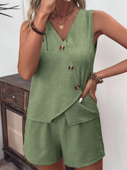 Hazel Blues® |  Button Up Vest and Shorts Set